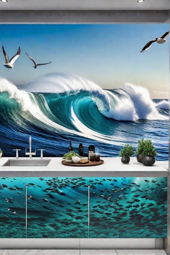 A coastal kitchen with a backsplash featuring a mesmerizing mosaic tile mural