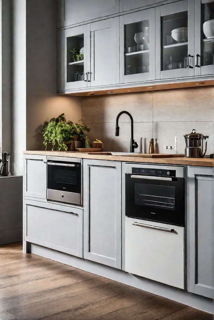 A coastal kitchen with a compact dishwasher integrated into the cabinetry creating