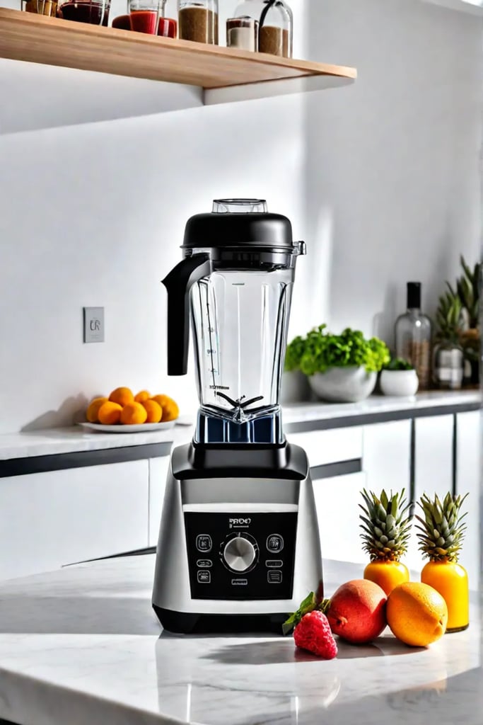 A coastal kitchen with a highefficiency blender on the countertop surrounded by