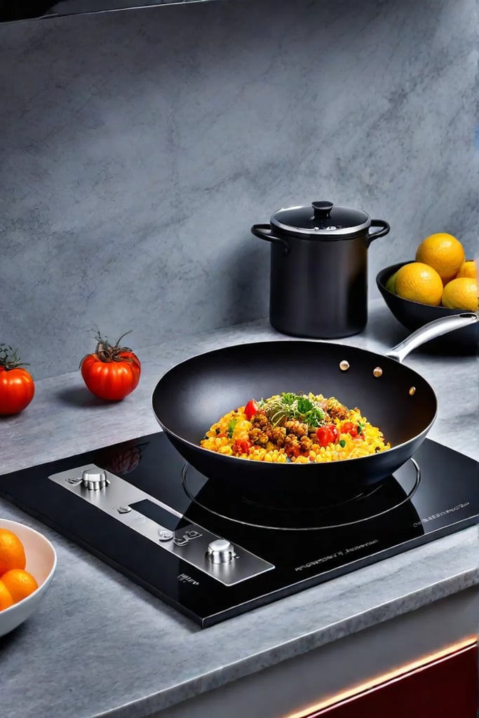 A coastal kitchen with an induction cooktop built into the countertop creating