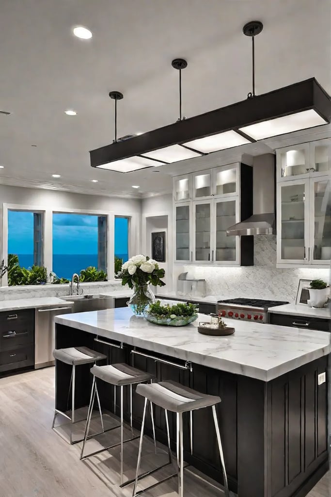 A coastal kitchen with recessed lighting and nauticalinspired fixtures creating an energyefficient