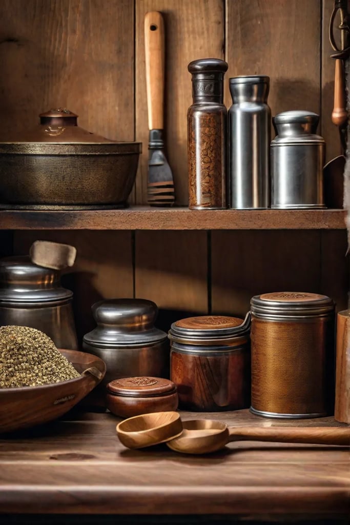 A collection of classic wooden cooking utensils and antique spice tins arranged