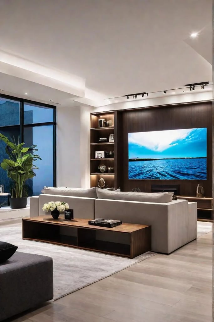 A compact living room with a customdesigned wall unit that incorporates shelves