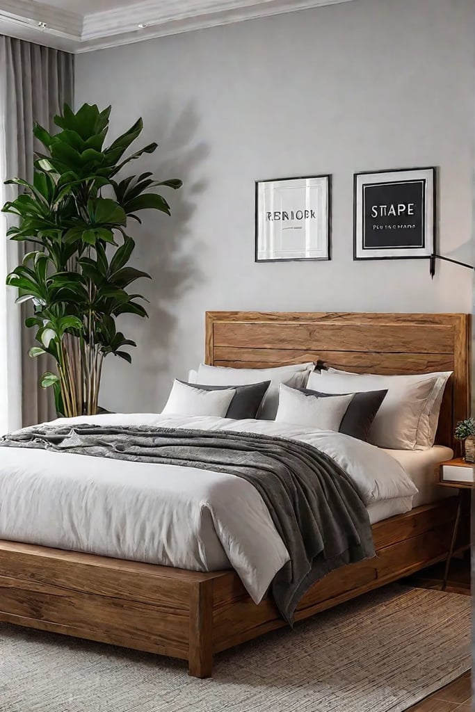 A cozy and inviting bedroom with a wooden bed frame nightstands and