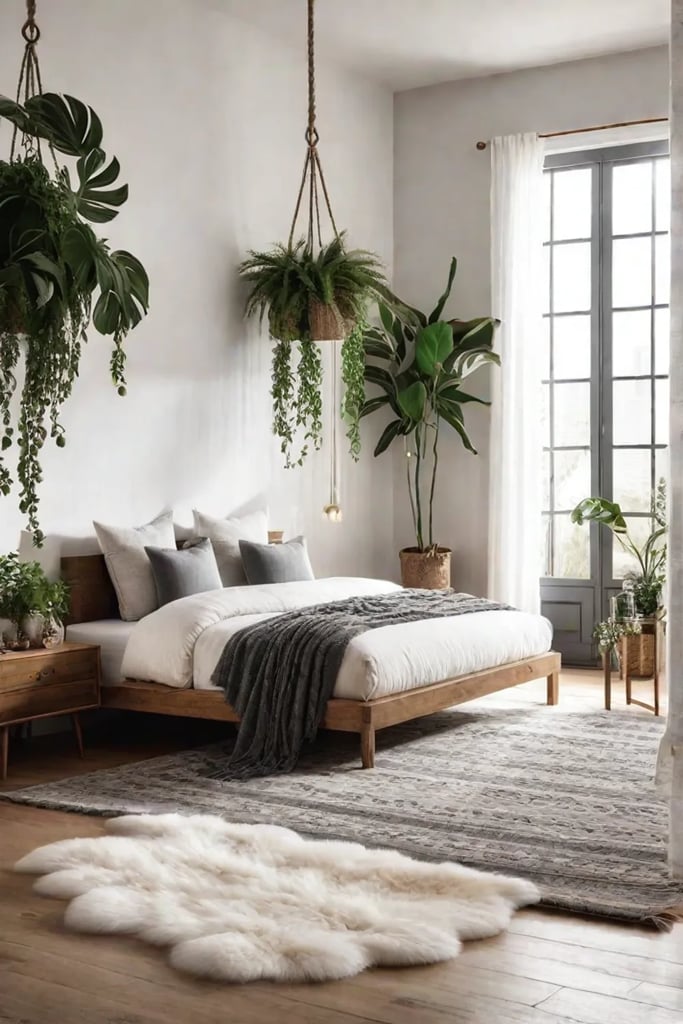 A cozy and inviting boho bedroom with a plush sheepskin rug hanging