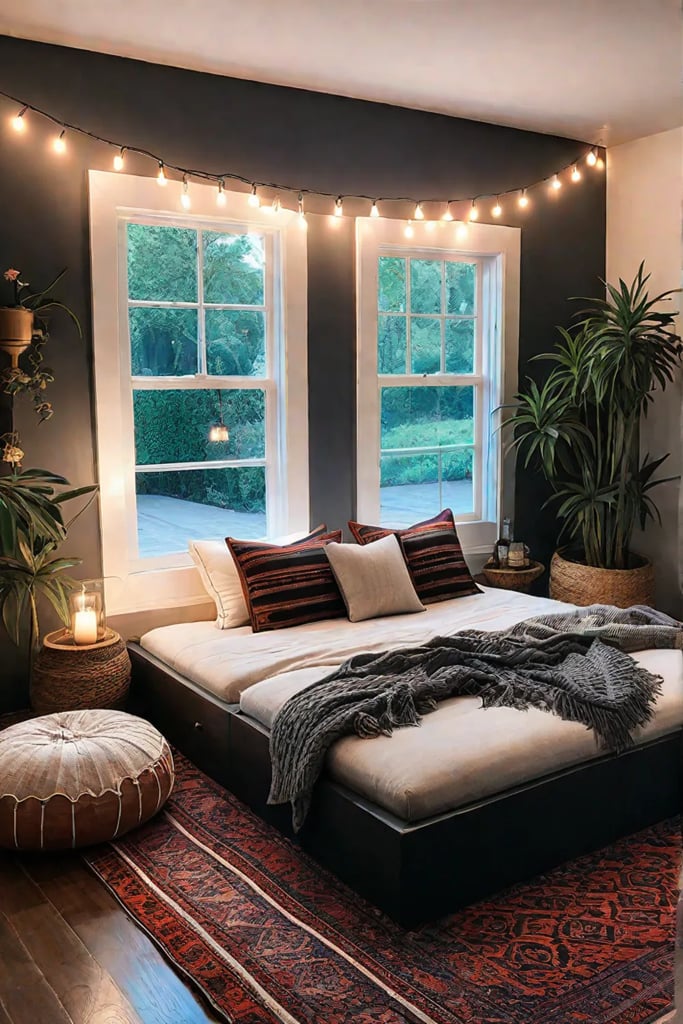 A cozy and inviting boho bedroom with twinkling string lights plush floor