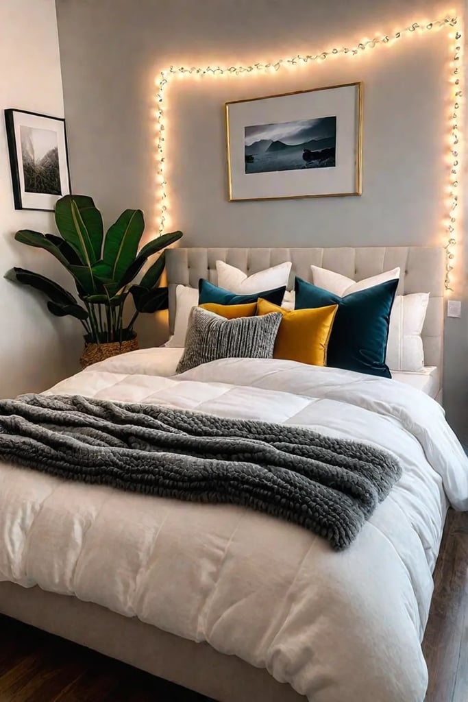 A cozy and inviting bohoinspired bedroom with a plush velvet headboard twinkling