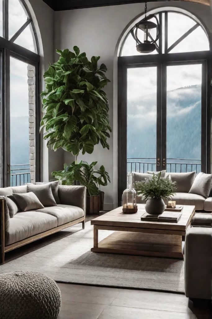 A cozy and inviting living room with a plush velvet sofa a