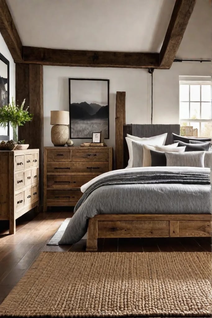 A cozy bedroom with warm earthy tones featuring exposed wood beams a