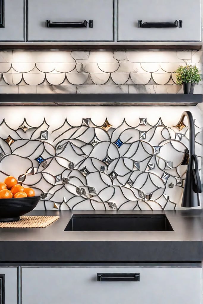 A cozy coastal kitchen with a backsplash featuring a delightful nauticalinspired design