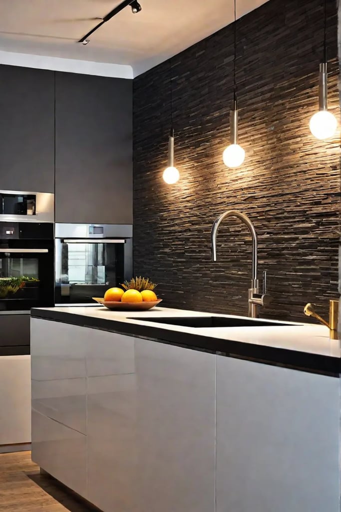 A cozy coastal kitchen with a backsplash of natural stone tiles in