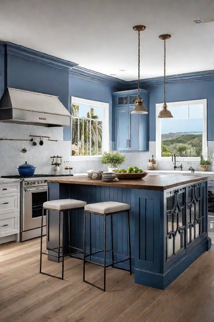 A cozy coastal kitchen with warm sandy beige walls and a mix