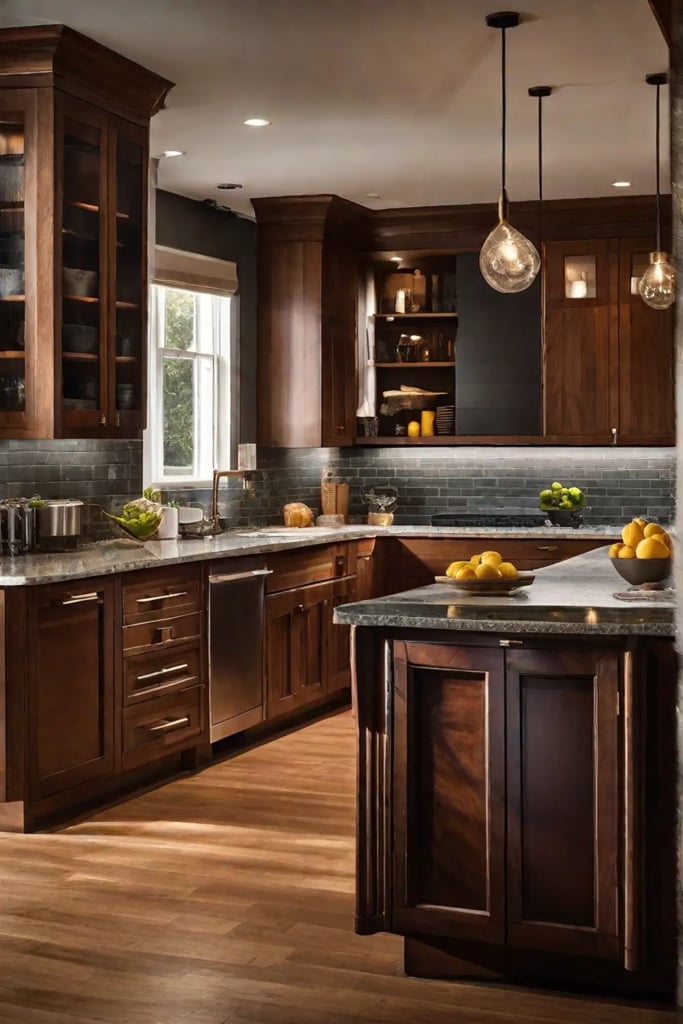 A cozy kitchen scene with rich walnut cabinetry and a polished granite
