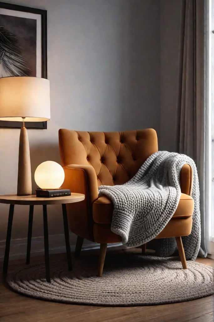 A cozy living room corner with a plush armchair a cozy knit