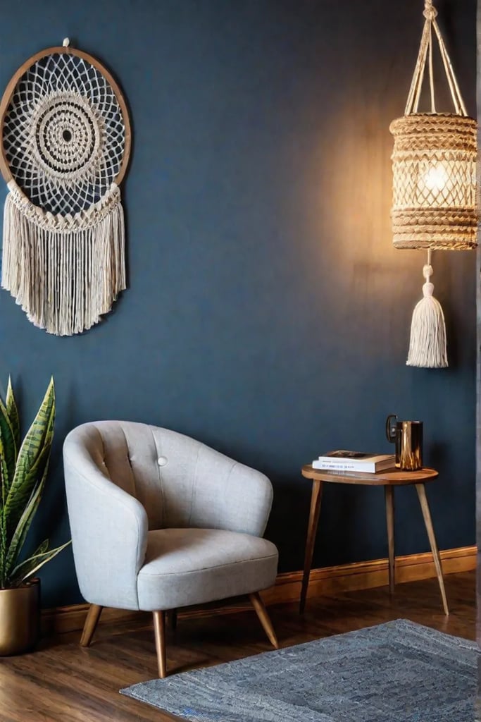 A cozy nook with a refurbished armchair a handmade macrame wall hanging