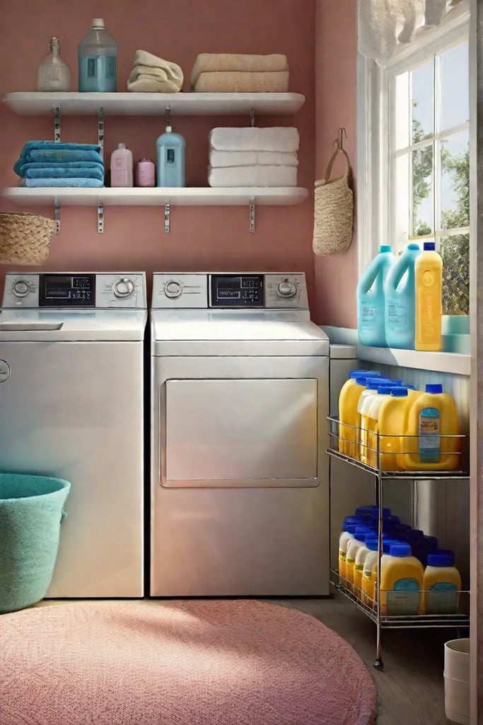 A cozy welllit laundry room featuring floating shelves filled with neatly labeled_resized