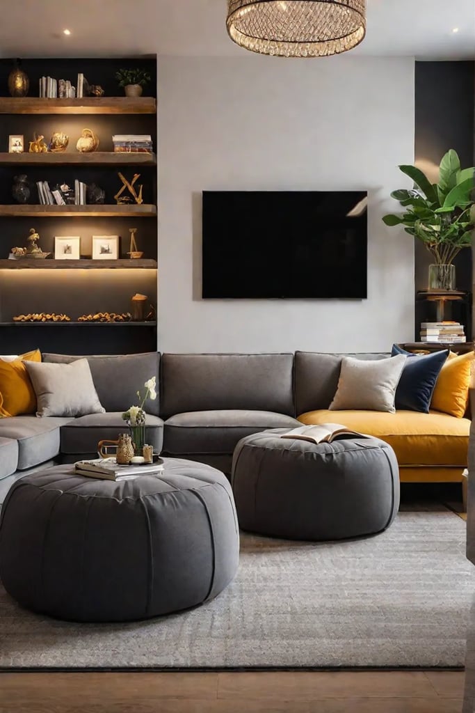 A familyfriendly living room with comfortable seating including a large sectional sofa