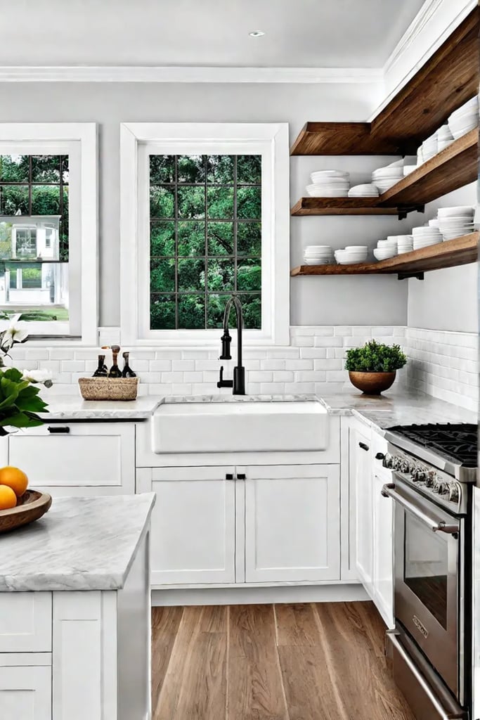 A light and breezy coastal kitchen with white shaker cabinets natural wood