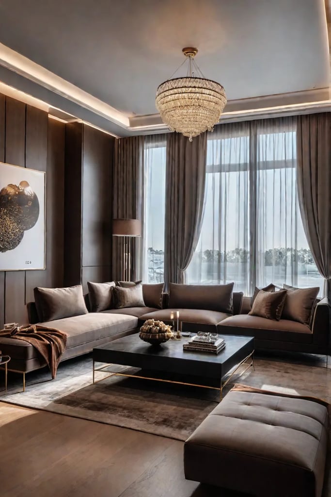 A living room that embraces a warm earthy color scheme and natural