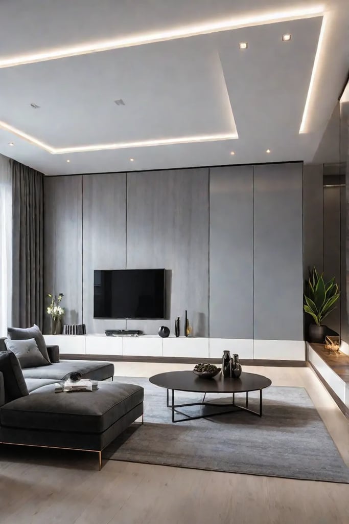 A living room with a clean minimalist design featuring a sleek media