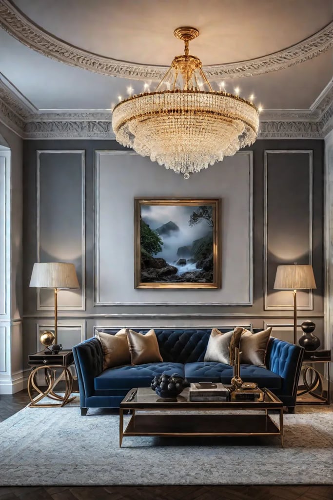 A living room with a grand statement lighting fixture as the focal