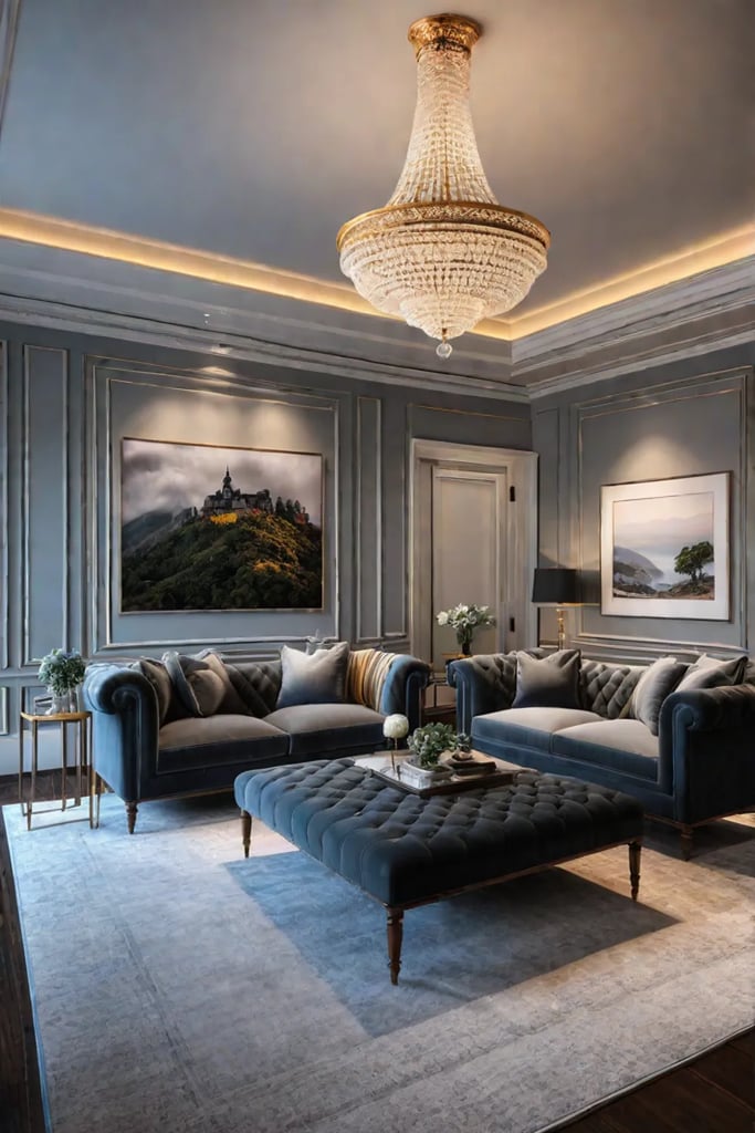 A living room with a grand statement lighting piece as the focal