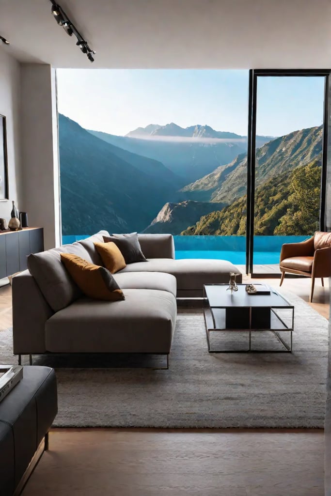 A living room with a streamlined design featuring a cleanlined sofa a