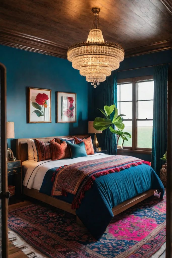 A maximalist bohochic bedroom featuring a statement chandelier a mix of colorful
