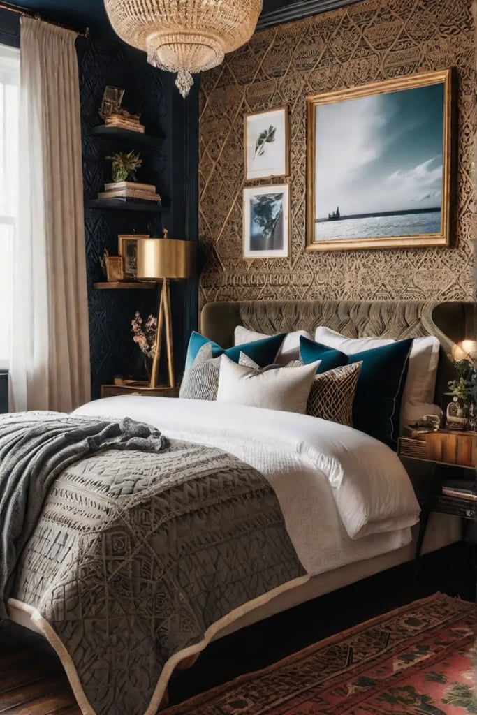 A maximalist bohoinspired bedroom with a gallery wall showcasing an eclectic mix