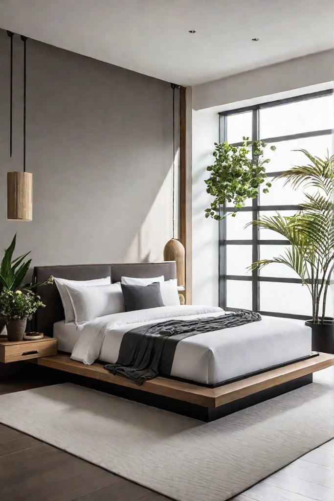 A minimalist Japaneseinspired bedroom with clean lines a neutral color scheme and