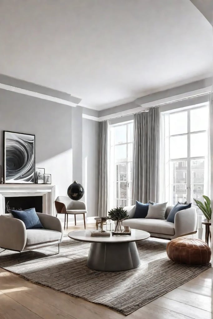 A minimalist living room with white walls large windows and mirrored accents