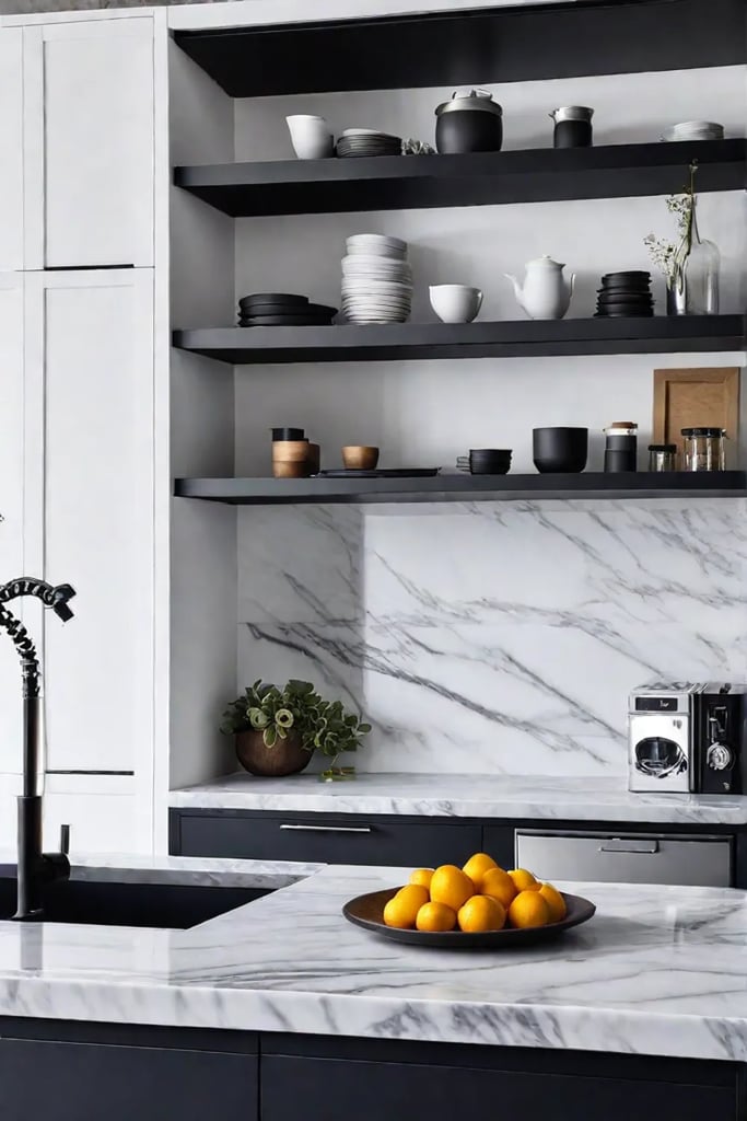 A modern coastal kitchen with clean lines white cabinets open shelving and