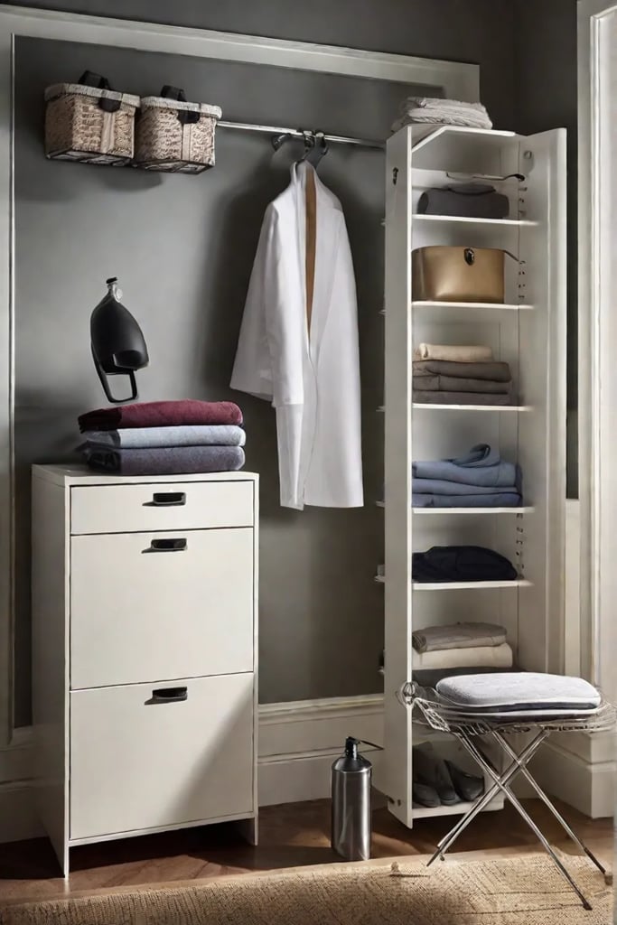 A neatly organized ironing station with a wallmounted ironing board in the_resized