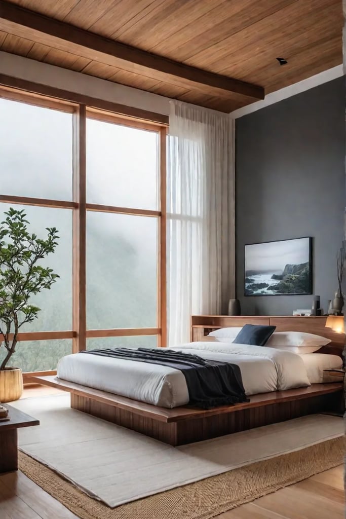 A pareddown Japaneseinspired bedroom with a focus on natural materials and a