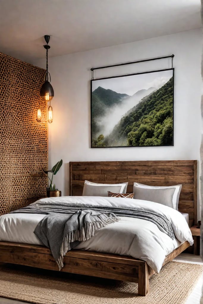 A rustic bohoinspired bedroom with a wooden bed frame woven wall hangings