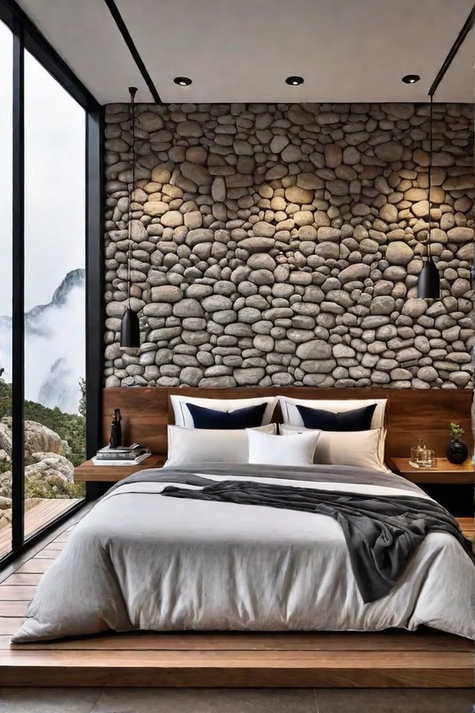 A serene bedroom with a natural stone accent wall a wooden platform