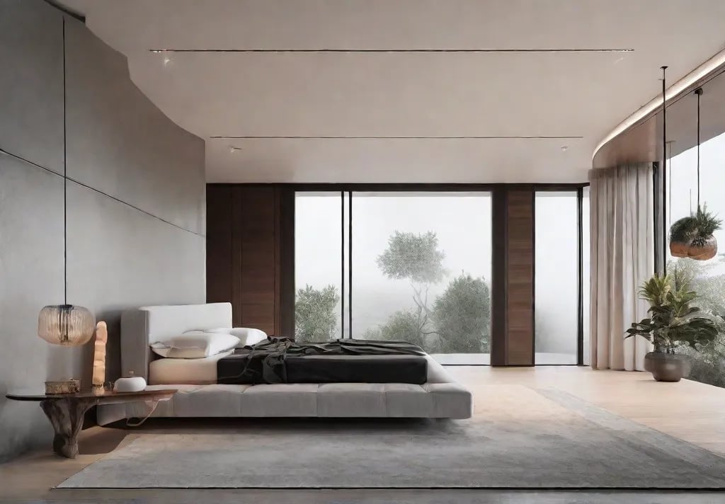 A serene minimalist bedroom featuring a neutral color palette a lowprofile bedfeat