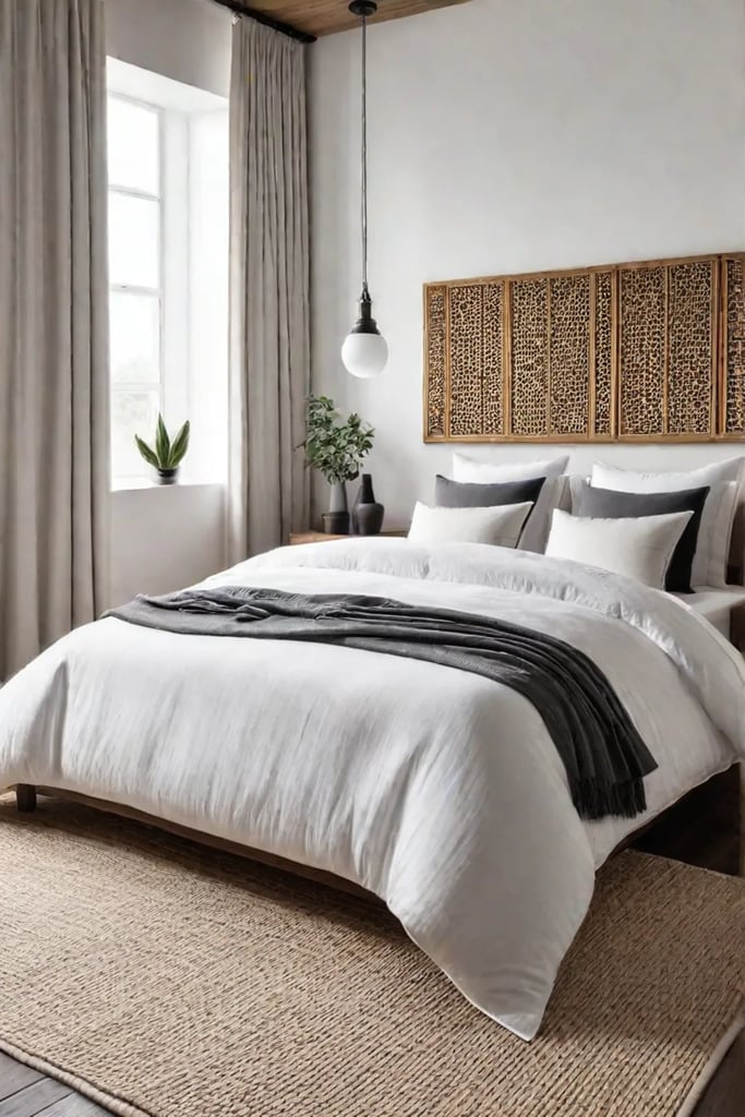 A simple and elegant bedroom with a bamboo headboard sheer linen curtains