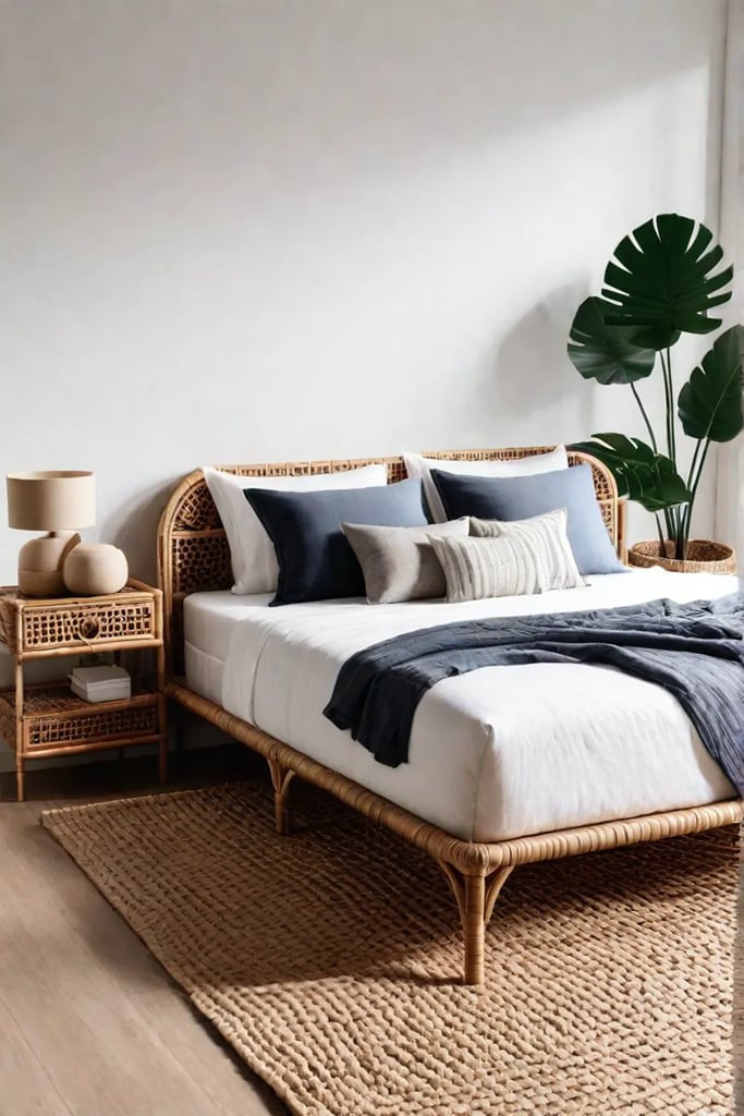 A simple yet stylish bedroom with a rattan headboard crisp white bedding