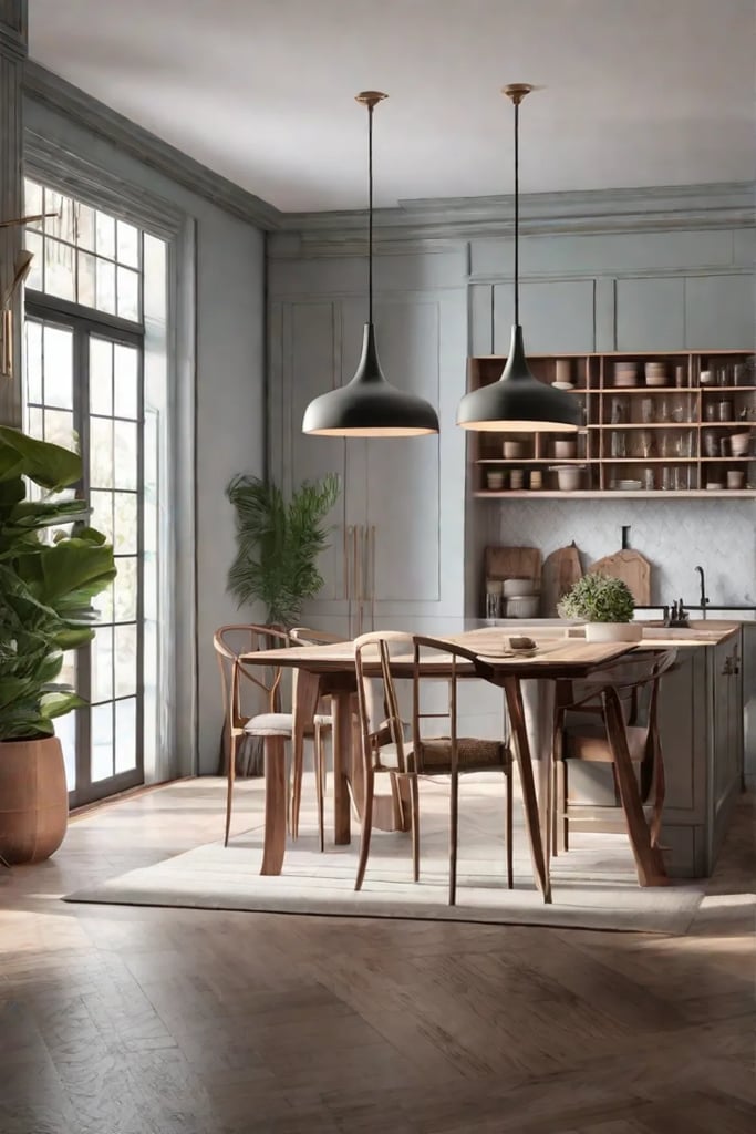 A small bright kitchen where the cabinets are painted in light pastel