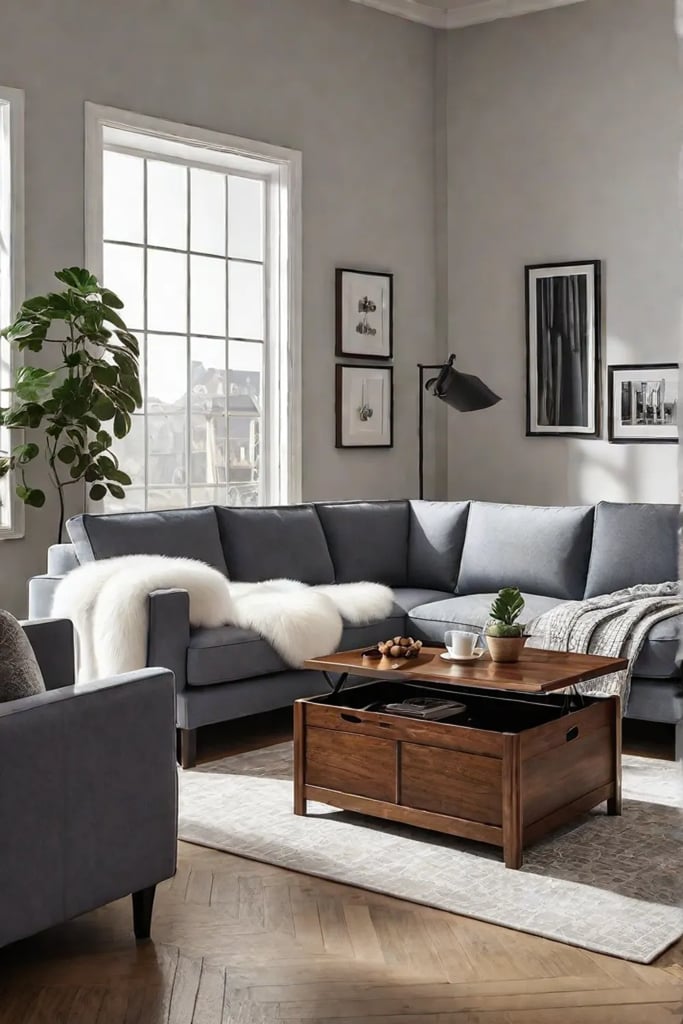 A small living room with a storage bench that serves as a