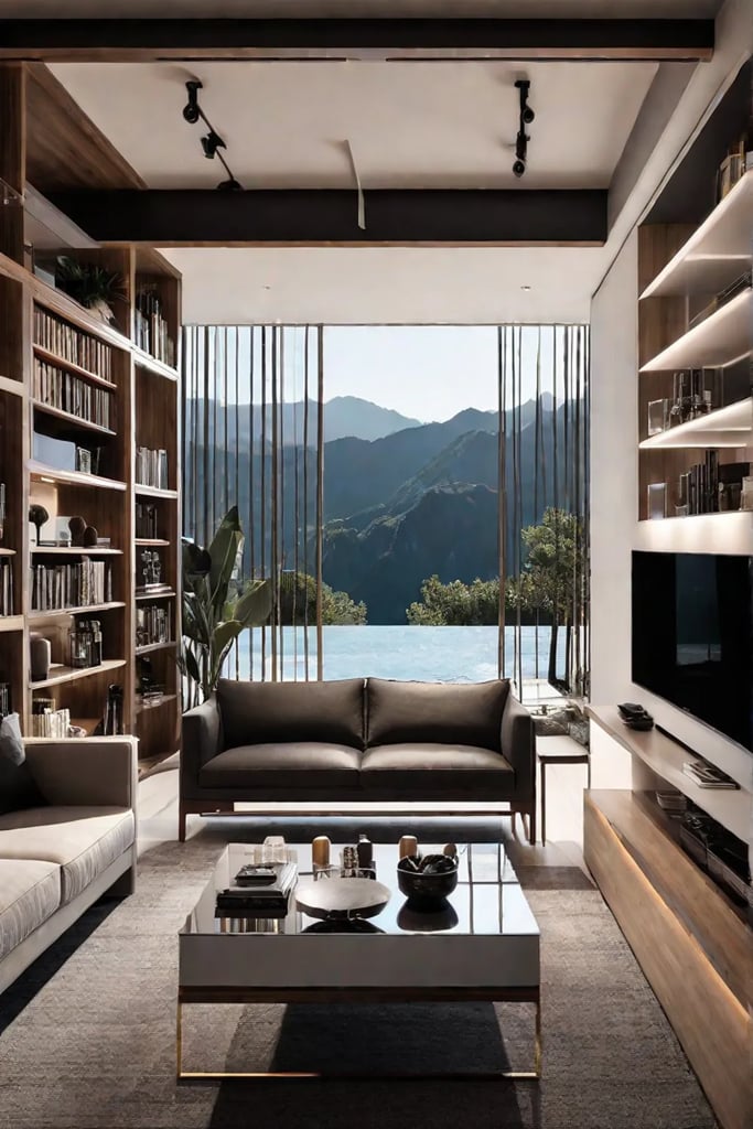 A small living room with a tall openshelved bookcase that acts as