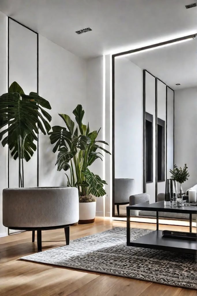 A small living room with large wallmounted mirrors that reflect light and