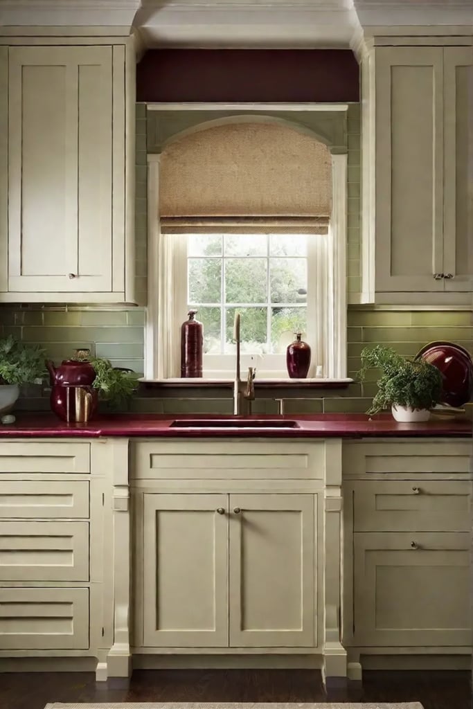 A soft muted color palette display featuring light cream cabinets sage green