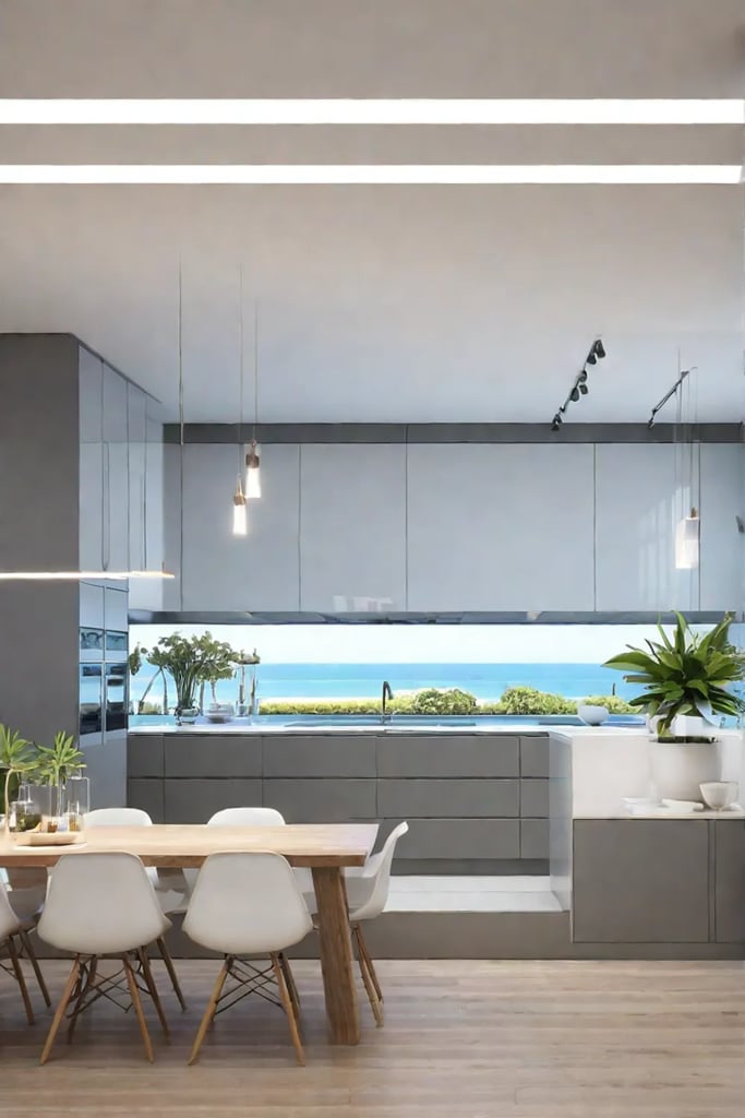A spacious coastal kitchen with ample natural light energyefficient LED strip lights