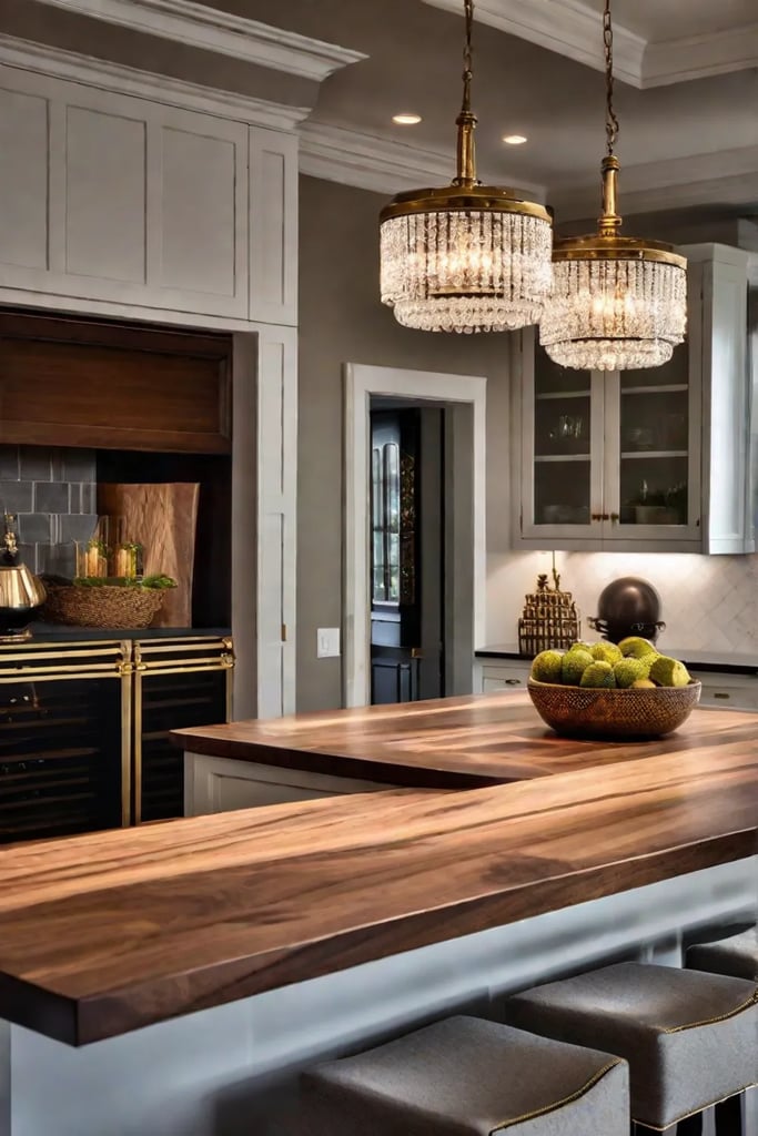 A sparkling crystal chandelier hanging above a dark wood kitchen island with