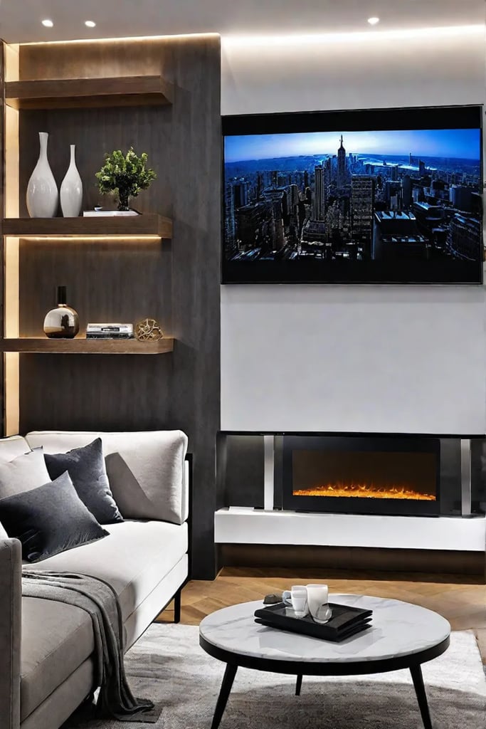 A tiny living room with a wallmounted TV and sleek floating shelves