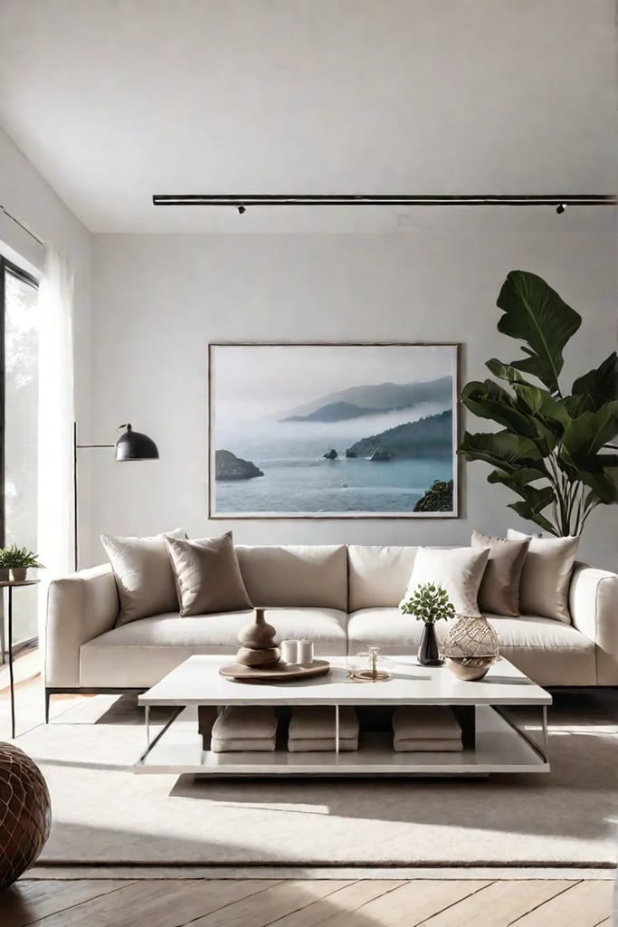 A tiny living room with white walls large windows and lightcolored furnishings