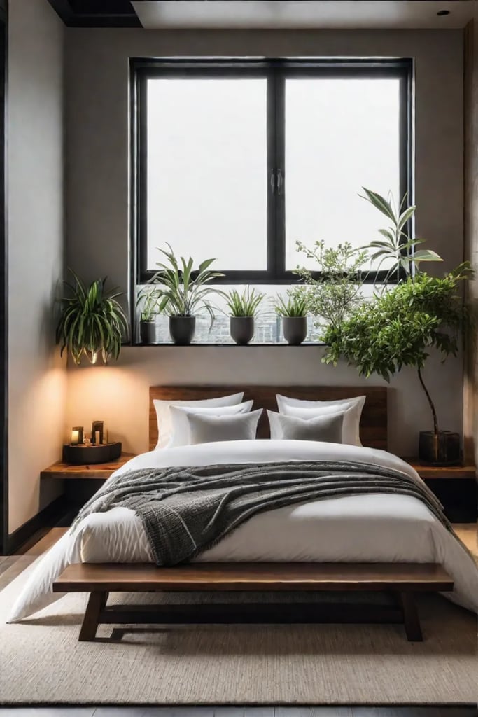 A tranquil Japaneseinspired bedroom with a neutral color scheme soft lighting and
