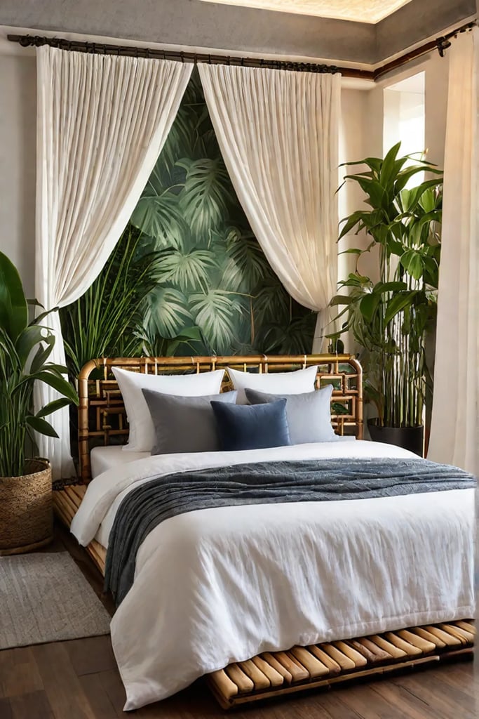A tranquil bedroom space with a bamboo bed frame sheer linen curtains